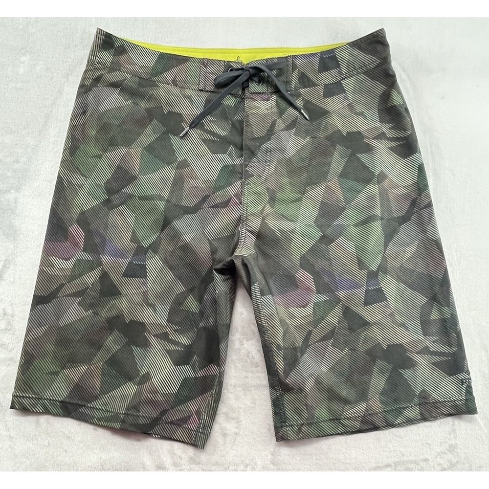 Prana Sediment Surf Board Short Men 34 Brown Geometric UPF 50 Zip Pocket Beach